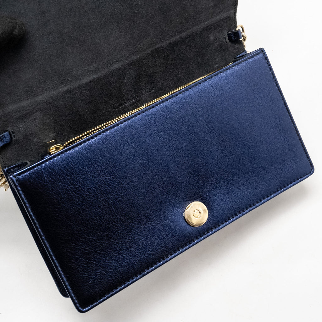 DIOR LADY DIOR POUCH CANNAGE WALLET ON CHAIN LAMBSKIN BLUE LGHW