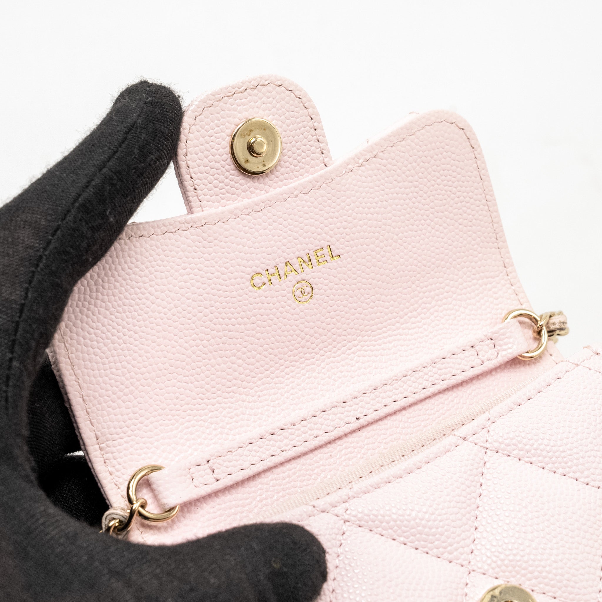 CHANEL MINI CARD HOLDER WITH CHAIN CAVIAR PINK GHW