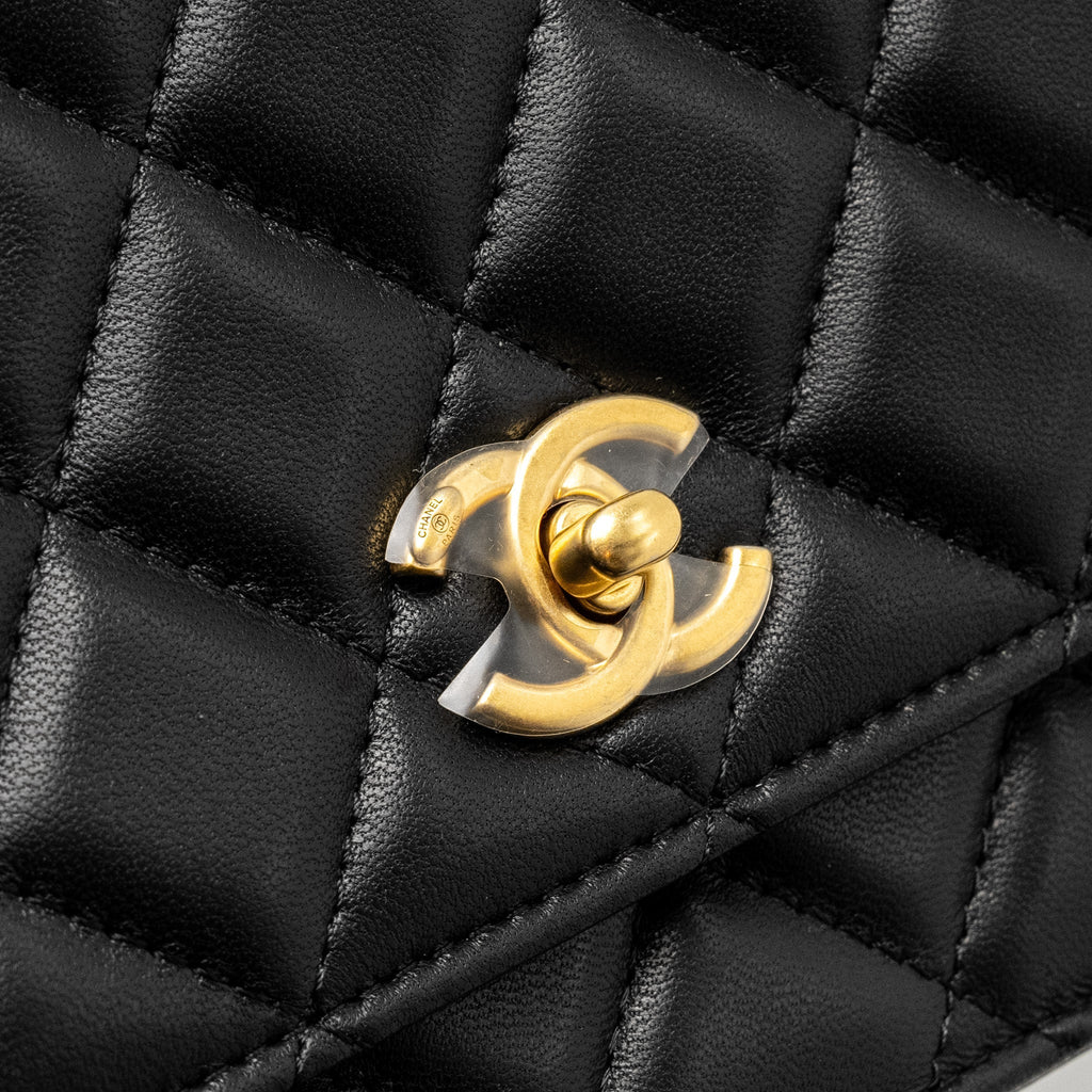 CHANEL CLASSIC WALLET ON CHAIN WITH CAMELLIA ADJUSTABLE CHAIN LAMBSKIN BLACK GHW (MICROCHIP)