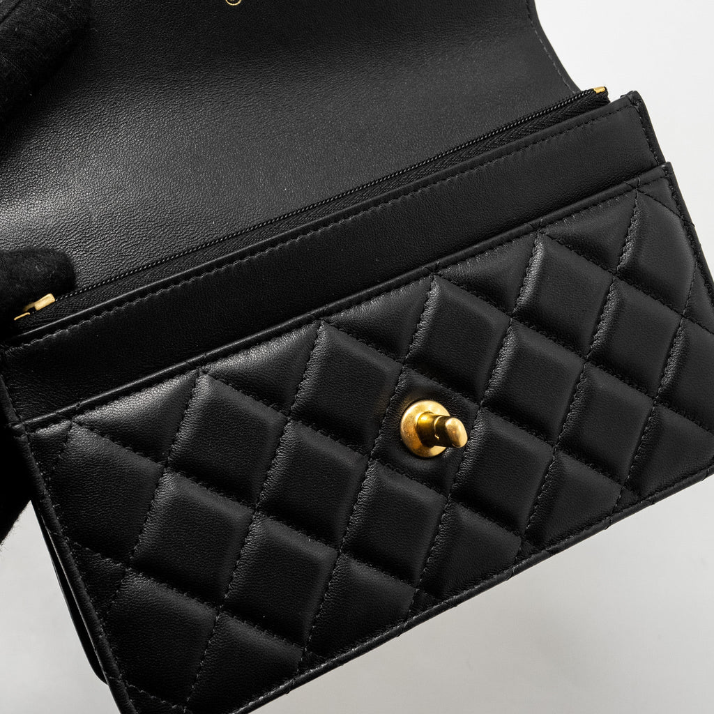 CHANEL CLASSIC WALLET ON CHAIN WITH CAMELLIA ADJUSTABLE CHAIN LAMBSKIN BLACK GHW (MICROCHIP)
