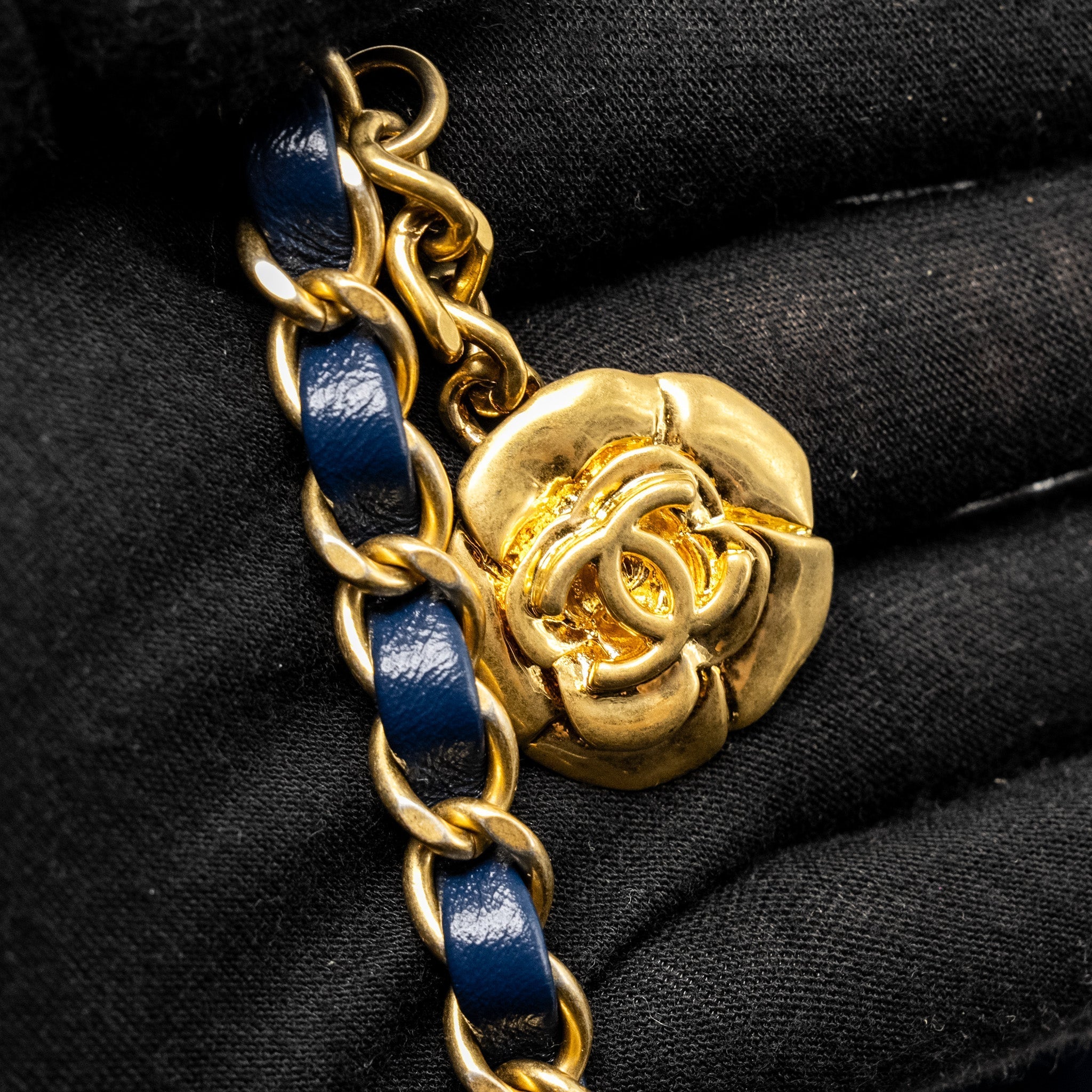 CHANEL CAMELLIA EMBOSSED MINI SQUARE FLAP BAG VELVET NAVY GHW (MICROCHIP)