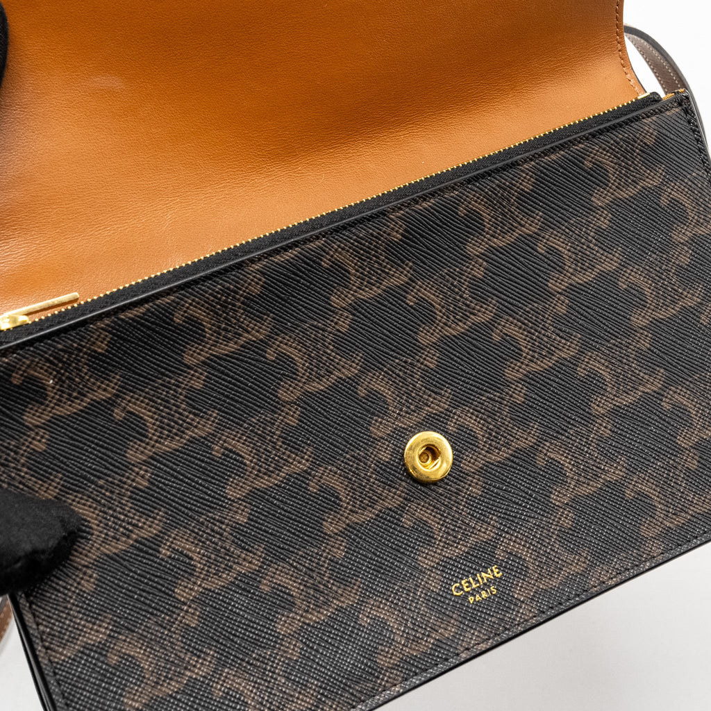 CELINE WALLET ON STRAP TRIOMPHE CANVAS /SMOOTH LAMBSKIN TAN GHW