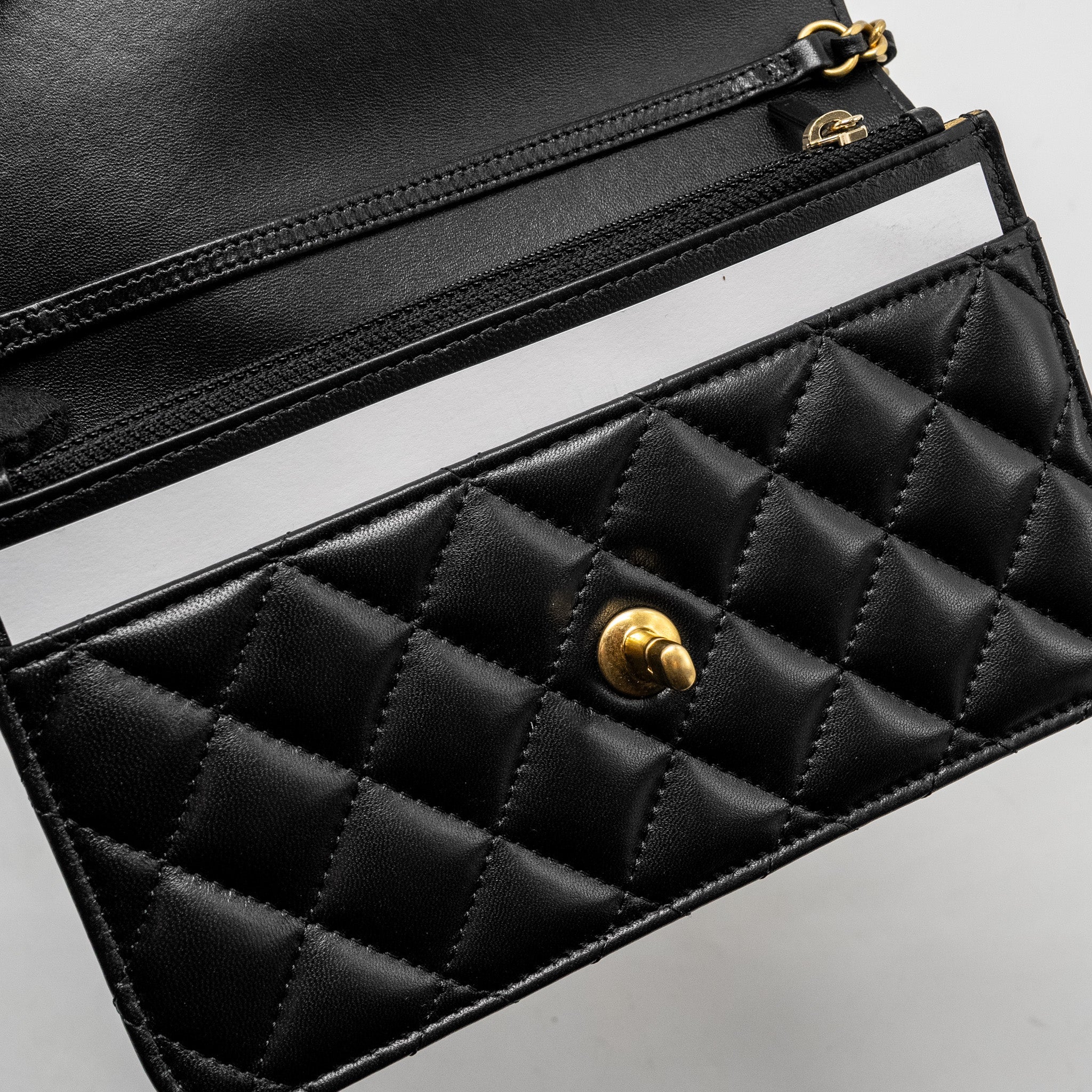 CHANEL PEARL CRUSH WALLET ON CHAIN LAMBSKIN BLACK GHW (MICROCHIP)