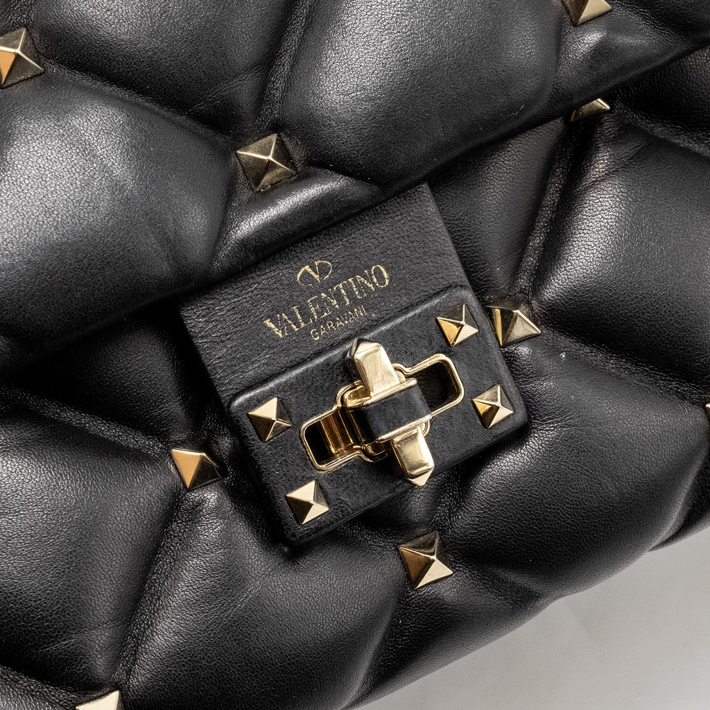 VALENTINO TOP HANDLE QUILTED CANDYSTUD FLAP BAG LAMBSKIN BLACK LGHW