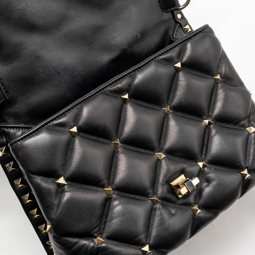 VALENTINO TOP HANDLE QUILTED CANDYSTUD FLAP BAG LAMBSKIN BLACK LGHW