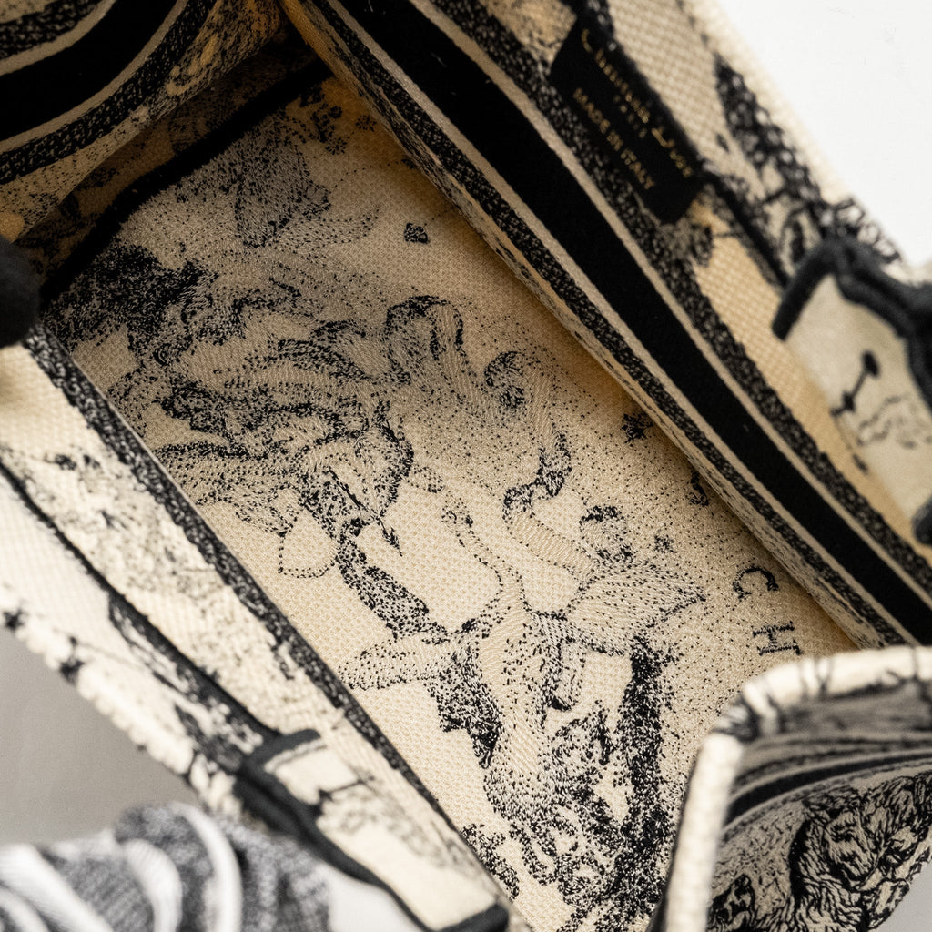 DIOR SMALL BOOK TOTE LATTE/BLACK TOILE DE JOUY ZODIAC EMBROIDERY