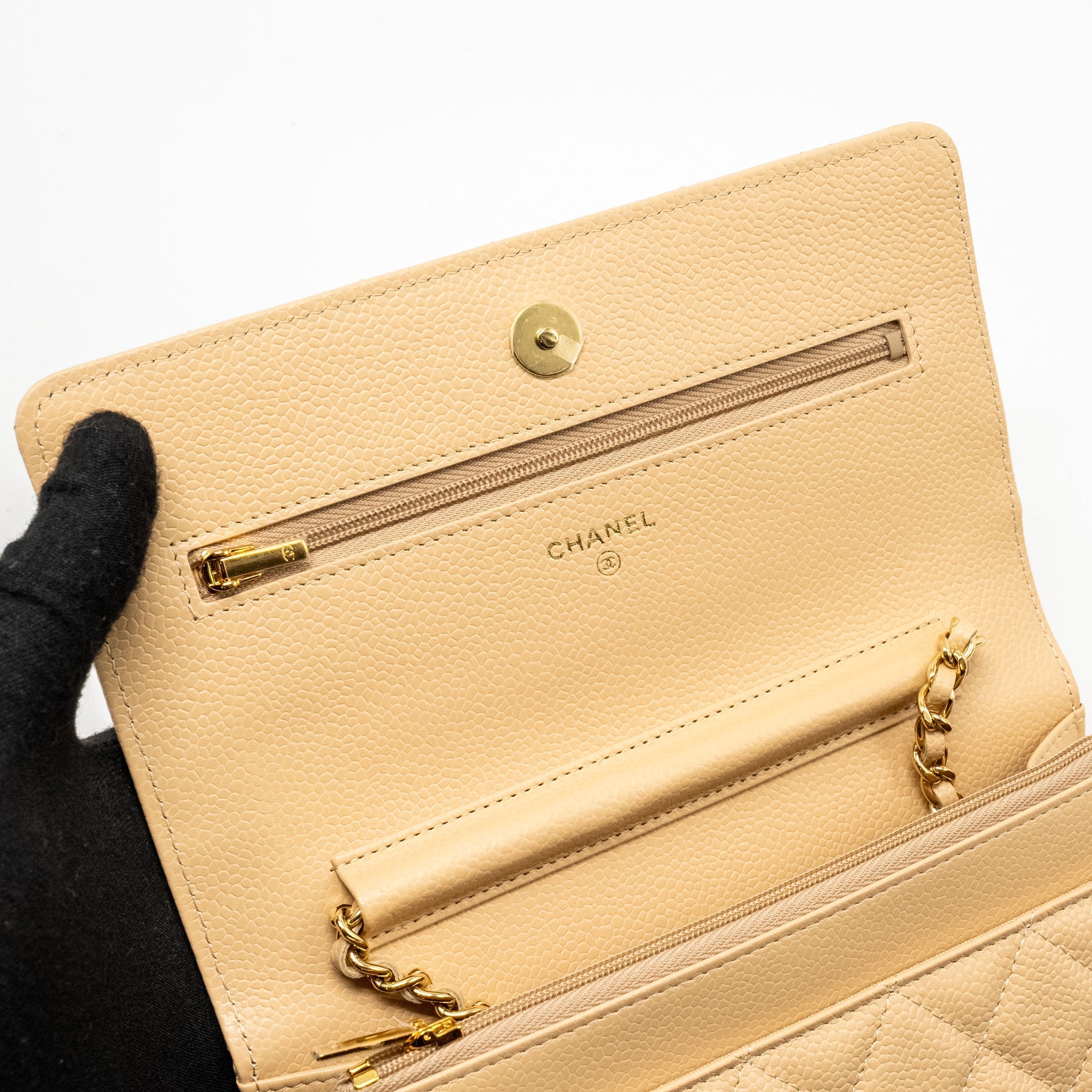 CHANEL CLASSIC WALLET ON CHAIN CAVIAR BEIGE GHW (MICROCHIP)