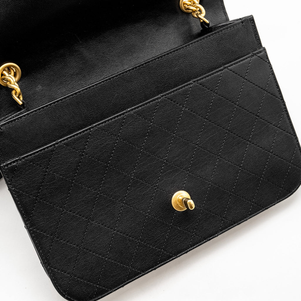 CHANEL GRAPHIC CHIC FRONT CHAIN QUILTED FLAP BAG SHEEPSKIN BLACK GHW