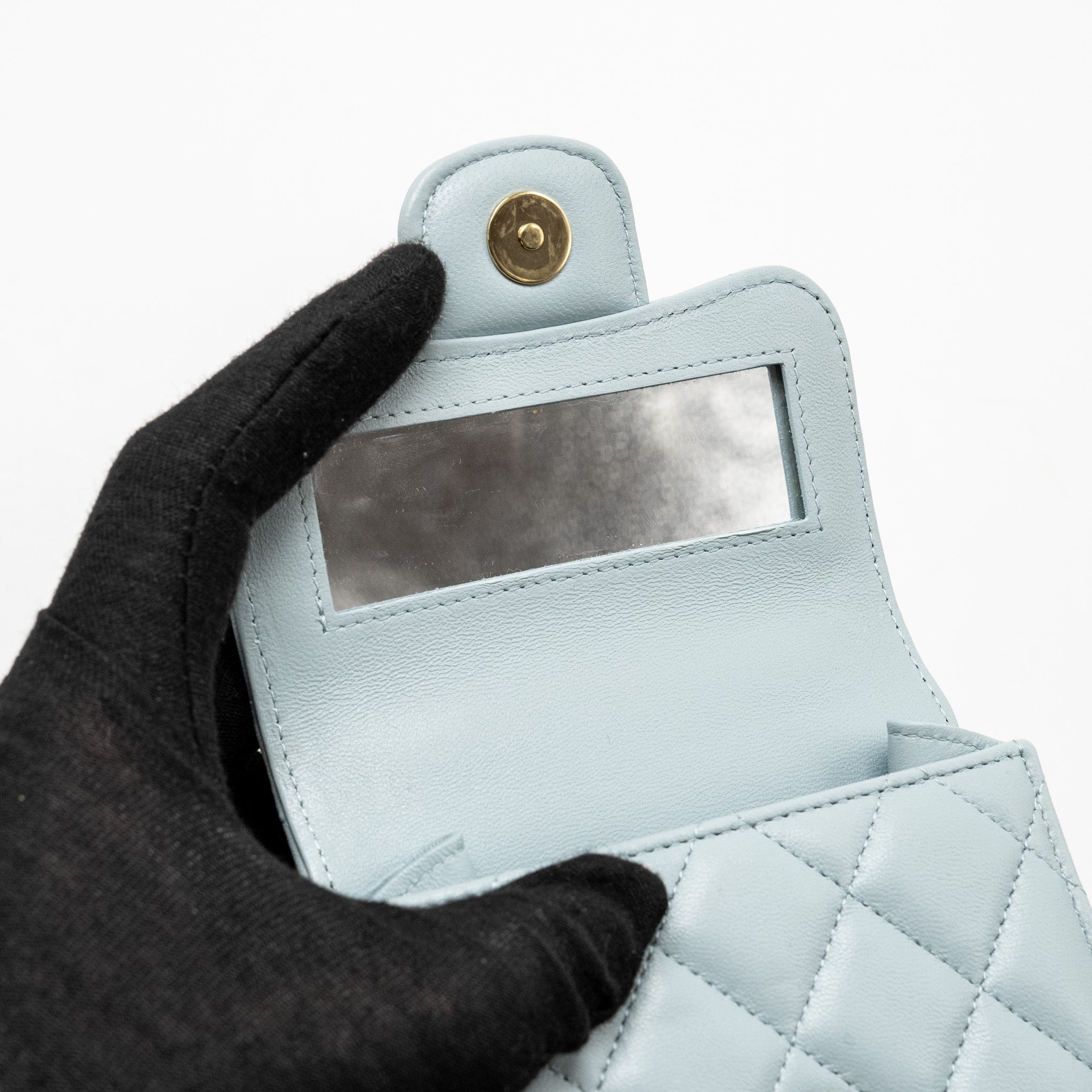 CHANEL TOP HANDLE MINI FLAP BAG LAMBSKIN LIGHT BLUE LGHW
