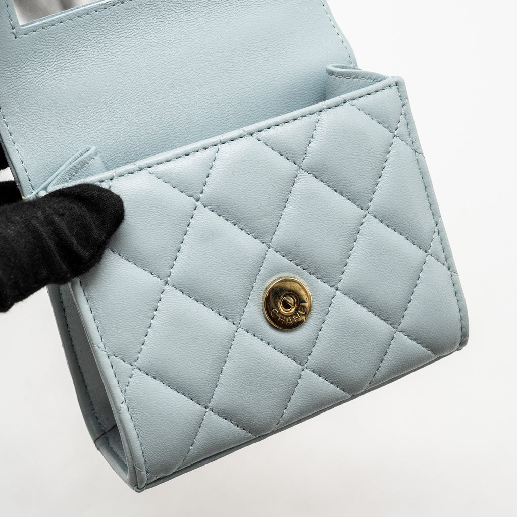 CHANEL TOP HANDLE MINI FLAP BAG LAMBSKIN LIGHT BLUE LGHW