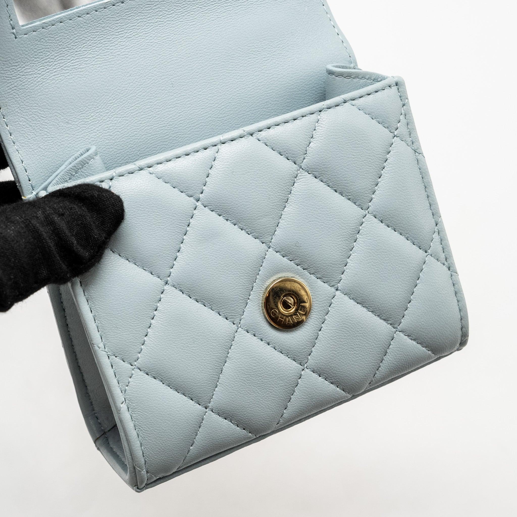 CHANEL TOP HANDLE MINI FLAP BAG LAMBSKIN LIGHT BLUE LGHW