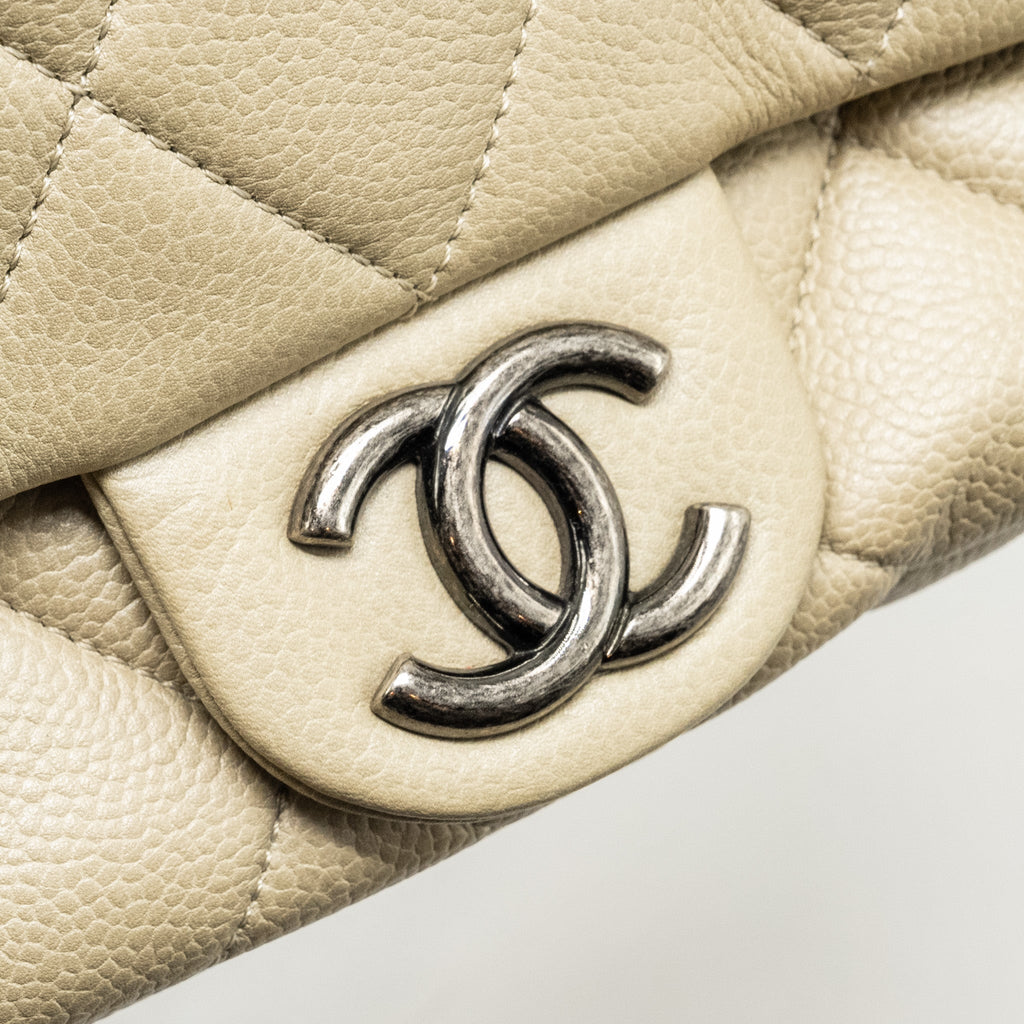 CHANEL QUILTED FLAP SHOULDER BAG CAVIAR LIGHT BEIGE RUTHENIUM SHW