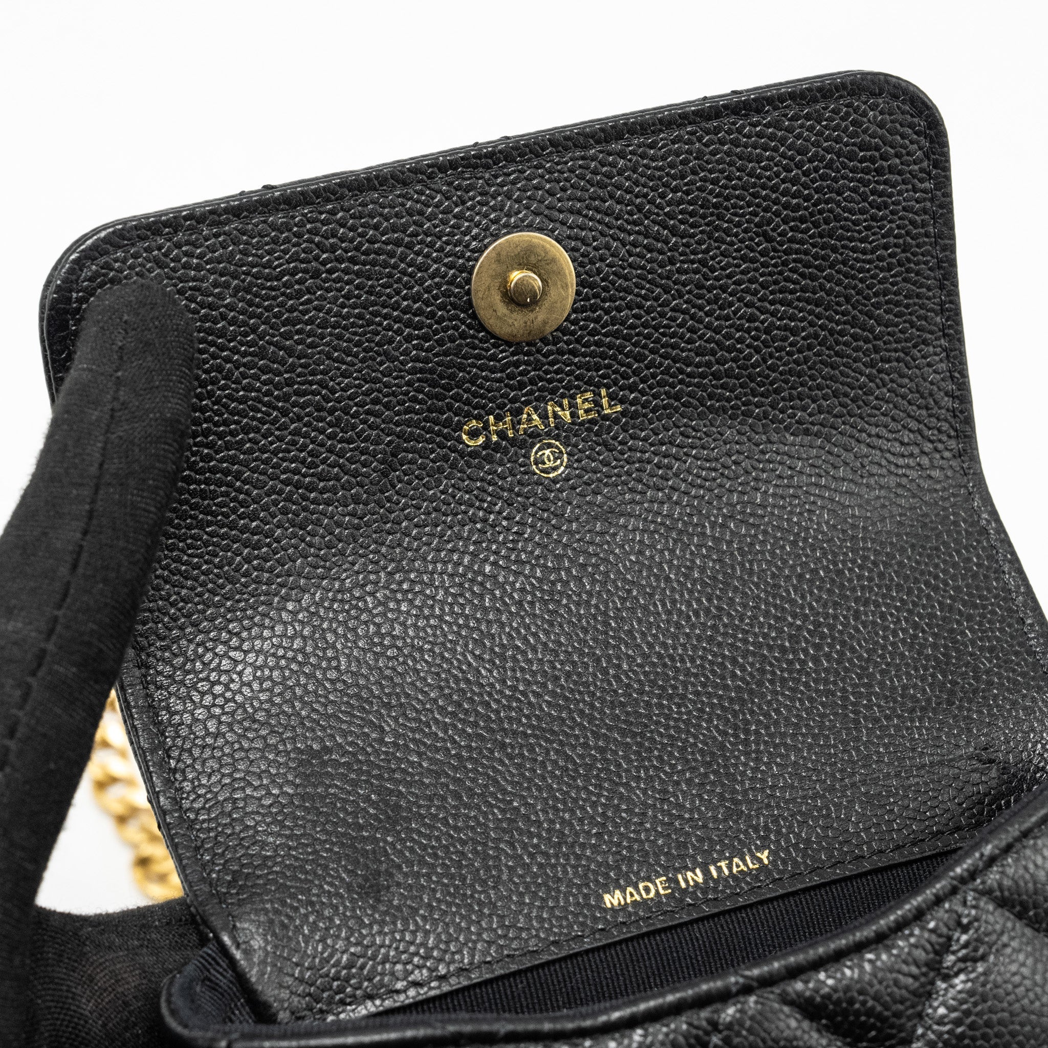 CHANEL COCO LOVE MINI FLAP WALLET WITH CHAIN CAVIAR BLACK GHW (MICROCHIP)