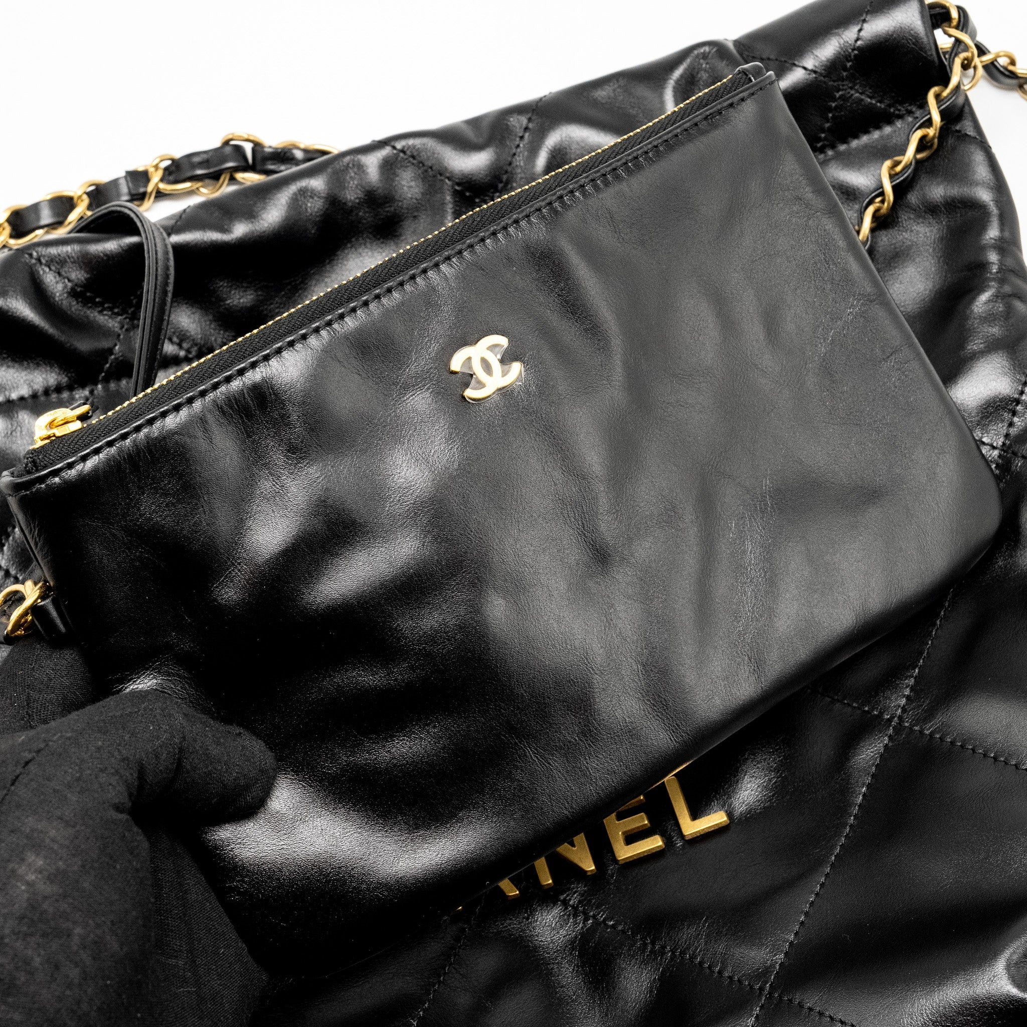 CHANEL SMALL 22 BAG SHINY CALFSKIN BLACK GHW (MICROCHIP)