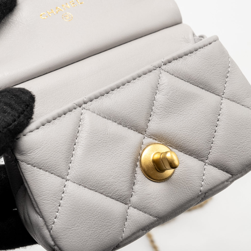 CHANEL MINI QUILTED FLAP CARD HOLDER WITH CHAIN LAMBSKIN GREY GHW