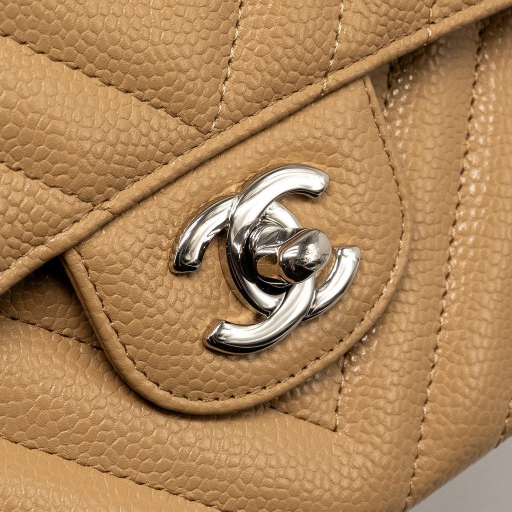CHANEL SMALL CLASSIC DOUBLE FLAP BAG CHEVRON CAVIAR BEIGE SHW