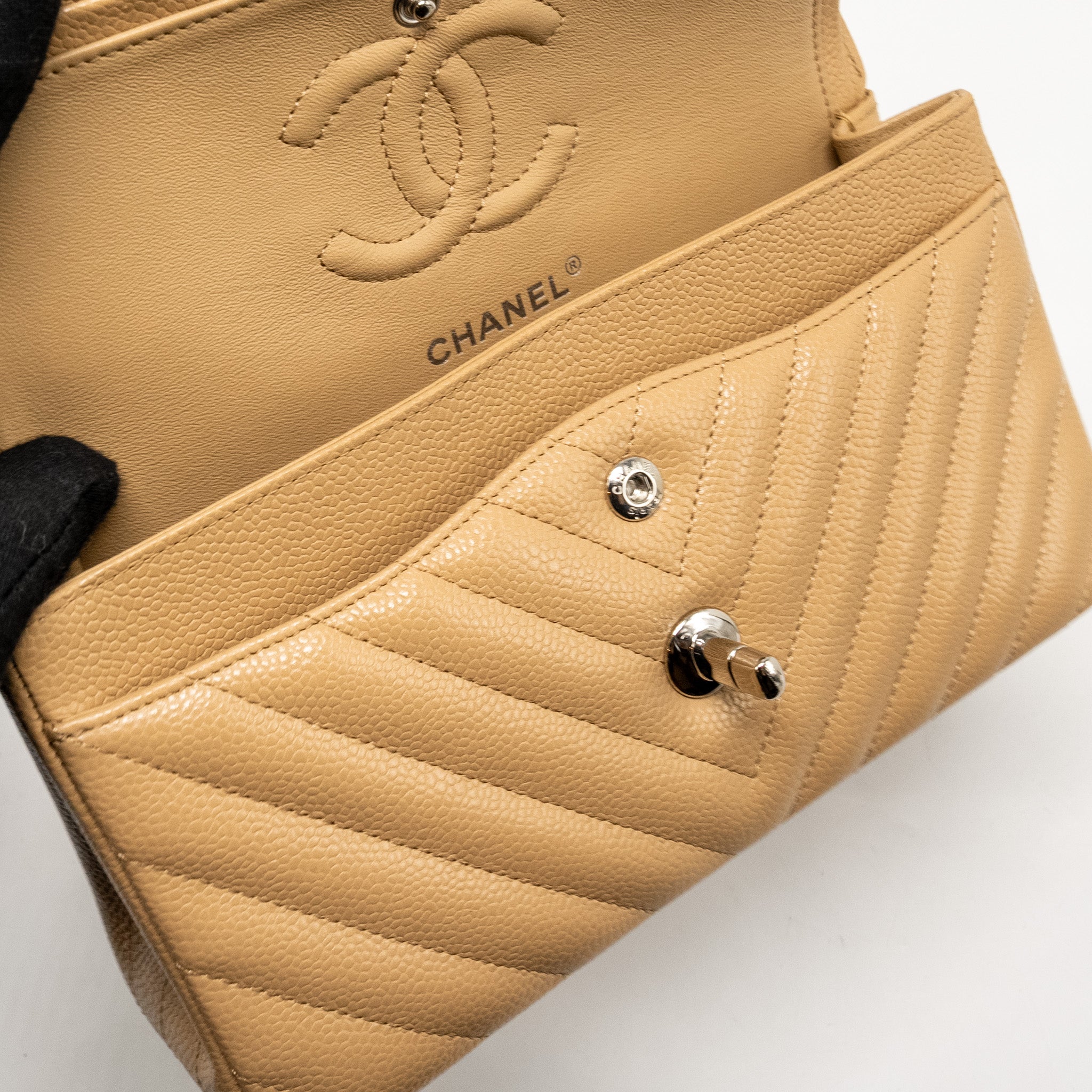 CHANEL SMALL CLASSIC DOUBLE FLAP BAG CHEVRON CAVIAR BEIGE SHW