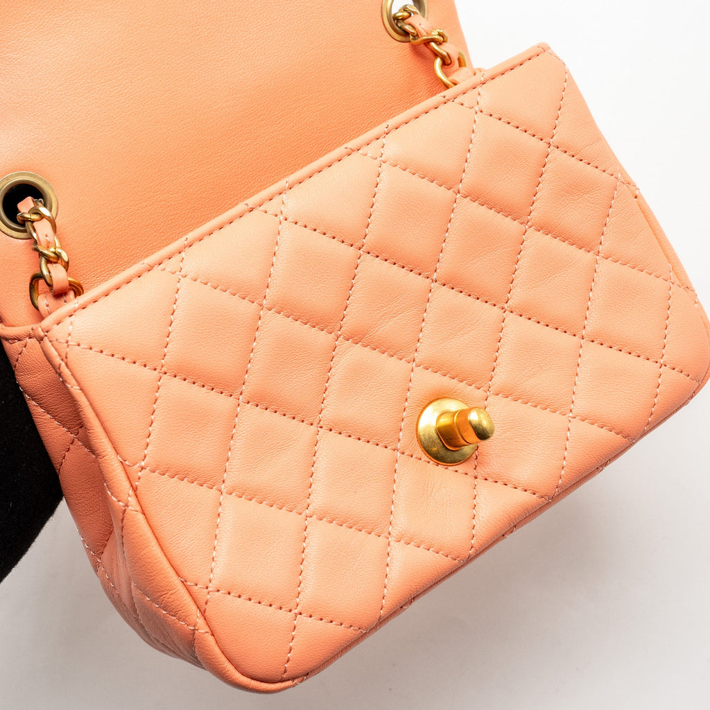 CHANEL PEARL CRUSH MINI SQUARE LAMBSKIN CORAL GHW (MICROCHIP)