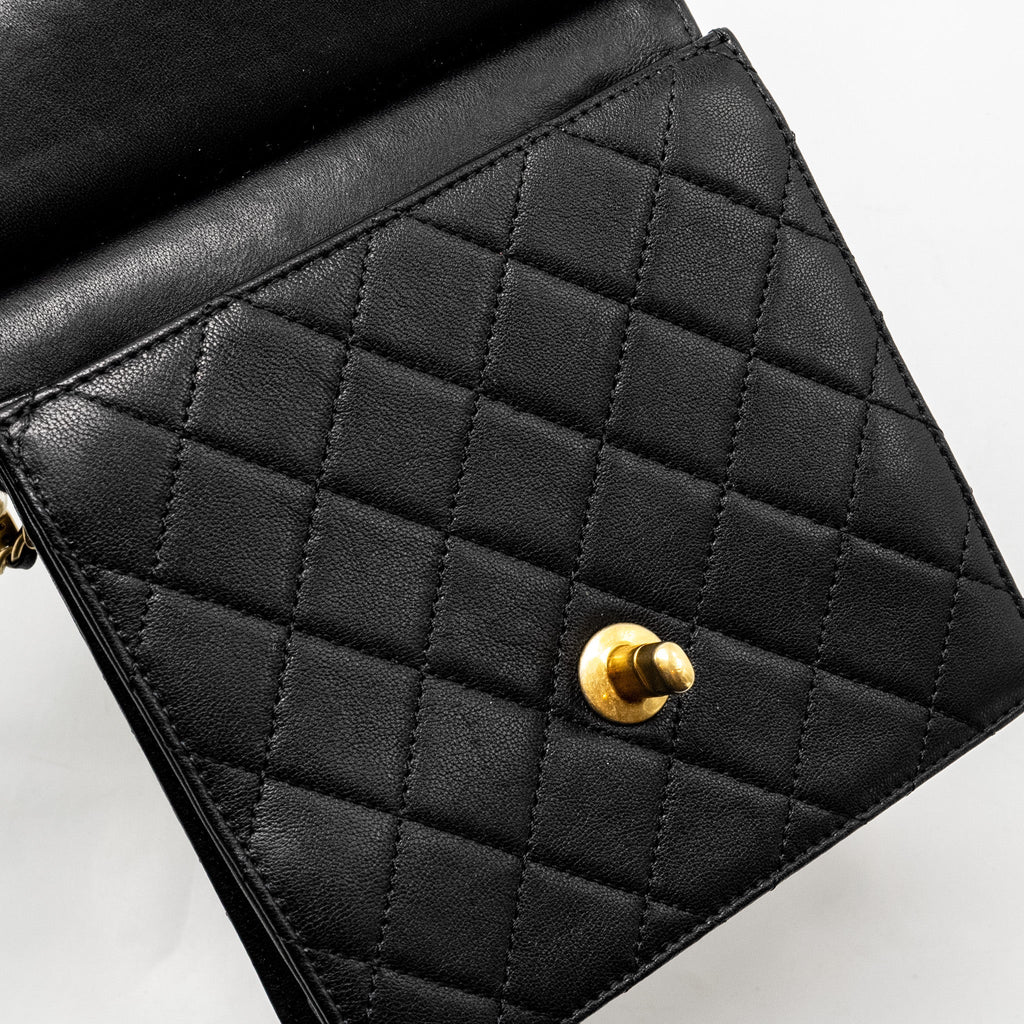 CHANEL 19S PEARL CHAIN QUILTED VERTICAL FLAP BAG LAMBSKIN BLACK GHW