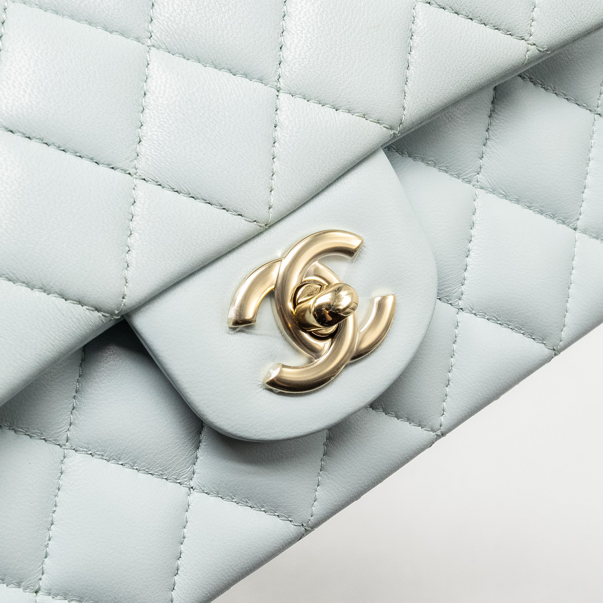 CHANEL TOP HANDLE MINI RECTANGULAR FLAP BAG LAMBSKIN LIGHT BLUE LGHW (MICROCHIP)