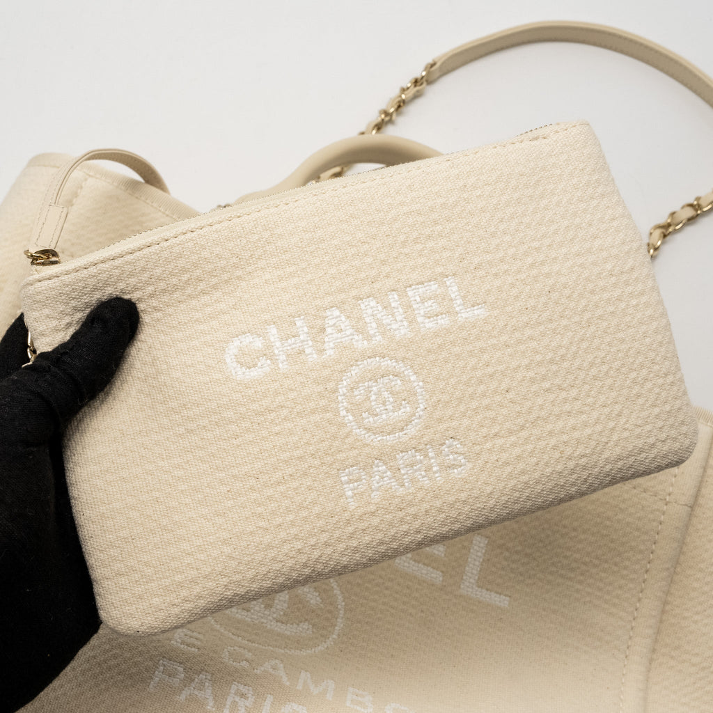 CHANEL SMALL DEAUVILLE SHOPPING TOTE BAG CALFSKIN/FABRIC LIGHT BEIGE LGHW (MICROCHIP)