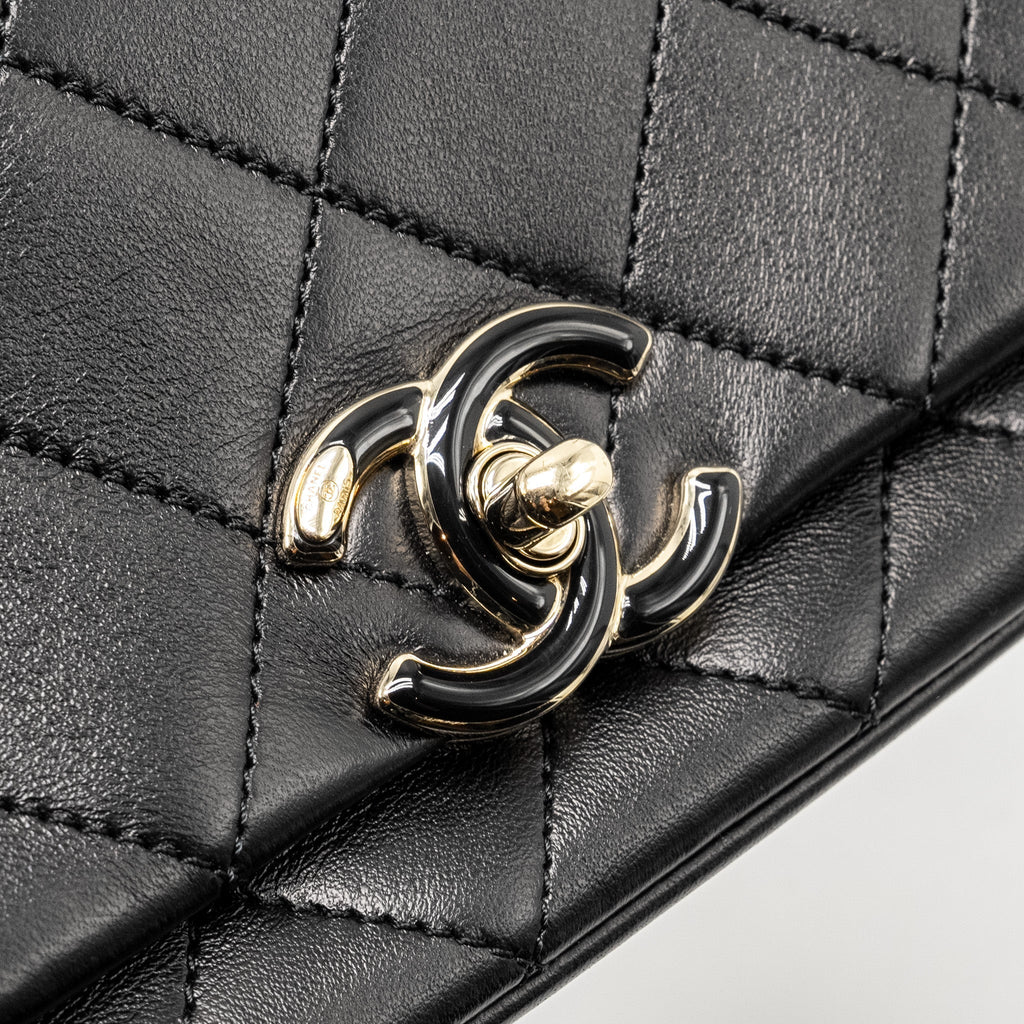 CHANEL ENAMEL CC LOGO QUILTED RECTANGULAR FLAP BAG LAMBSKIN BLACK LGHW