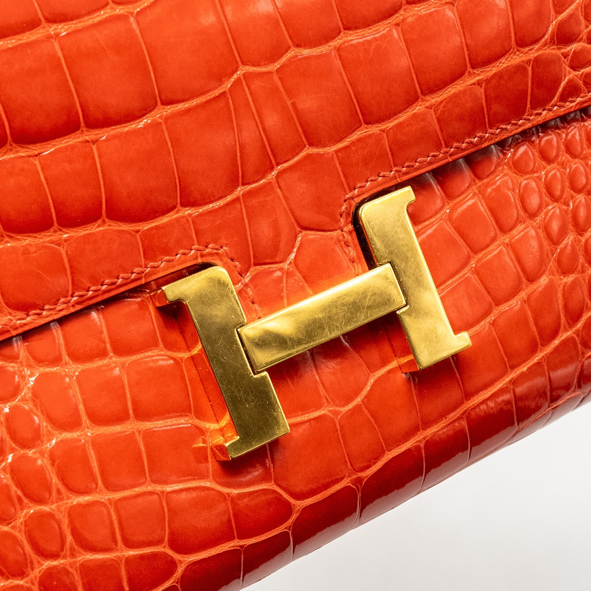 HERMES CONSTANCE LONG WALLET SHINY ALLIGATOR MISSISSIPPIENSIS ORANGE POPPY GHW