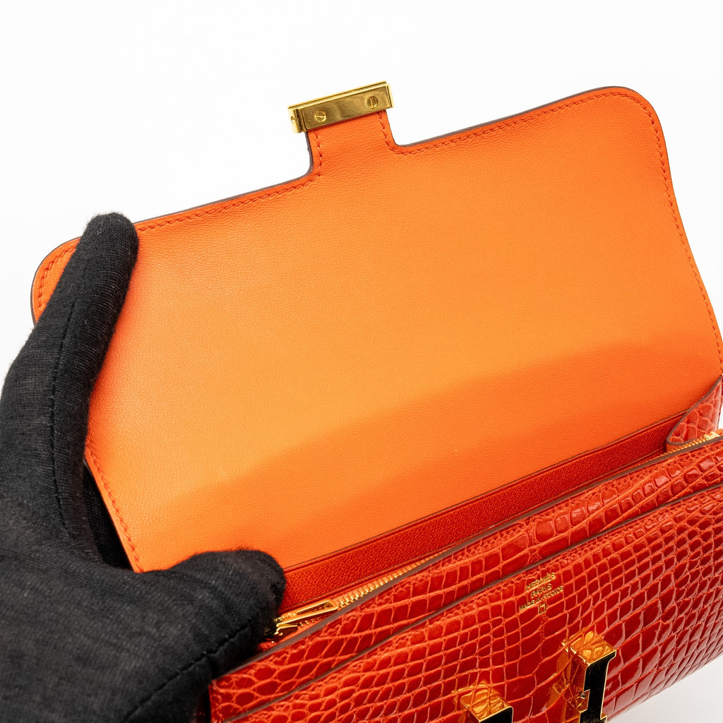 HERMES CONSTANCE LONG WALLET SHINY ALLIGATOR MISSISSIPPIENSIS ORANGE POPPY GHW