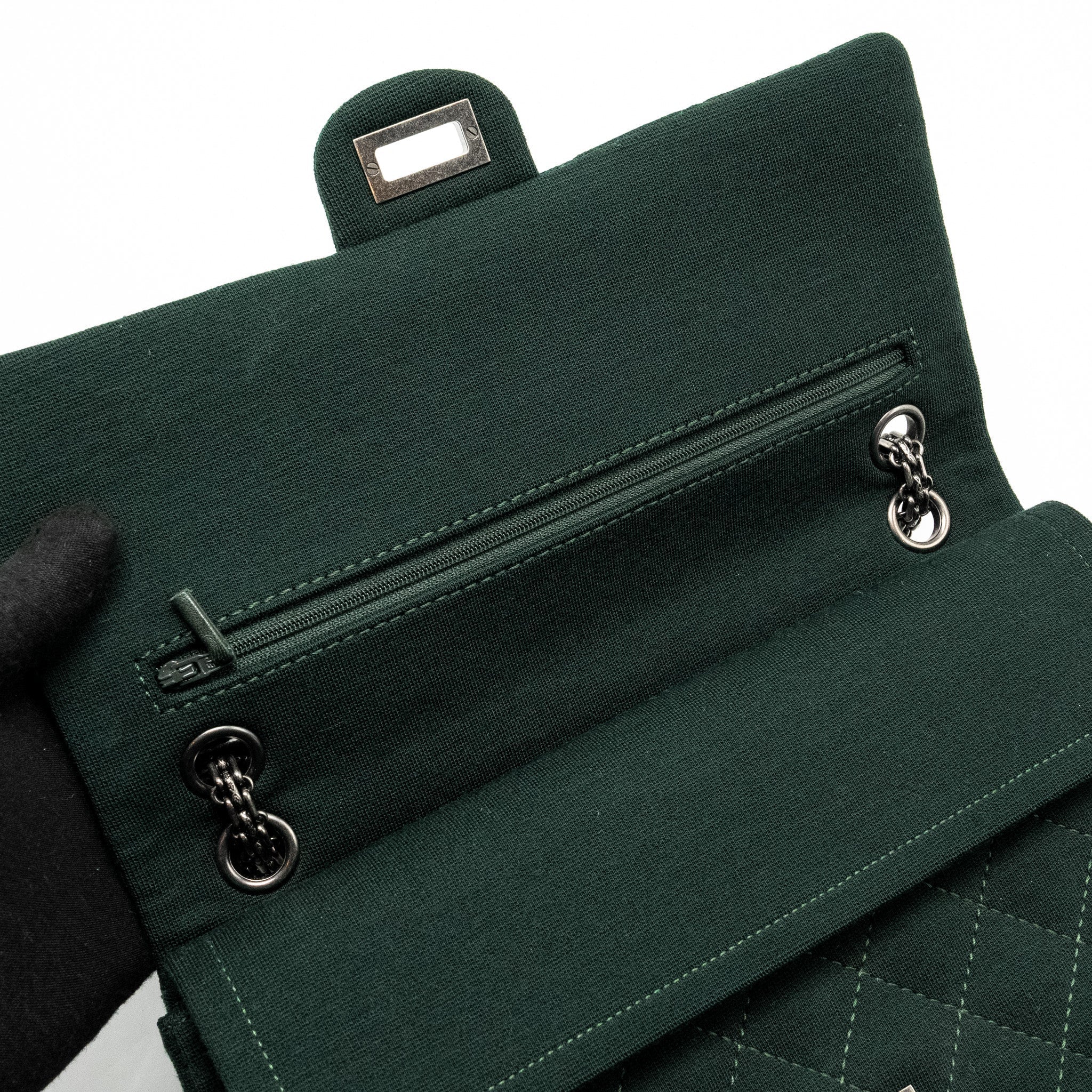 CHANEL REISSUE 2.55 226 DOUBLE FLAP BAG FABRIC DARK GREEN RUTHENIUM HARDWARE
