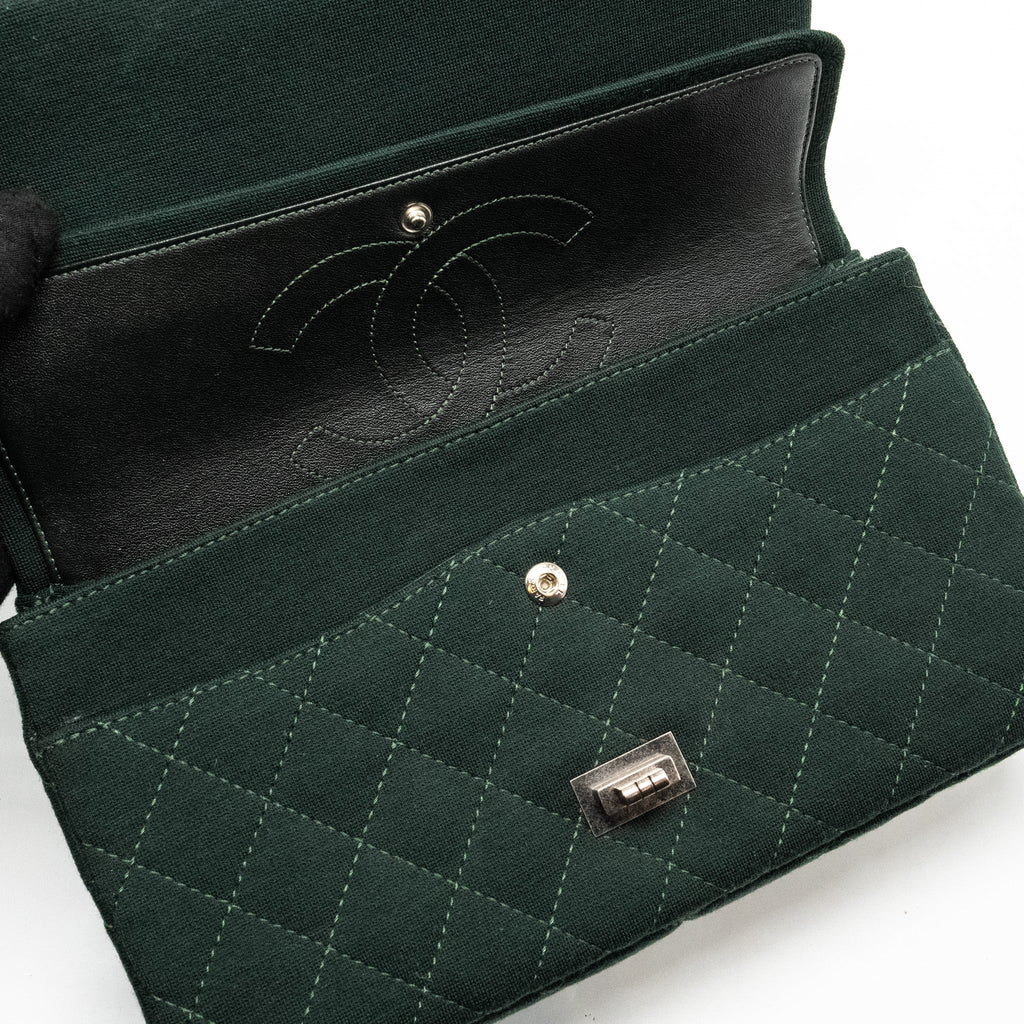 CHANEL REISSUE 2.55 226 DOUBLE FLAP BAG FABRIC DARK GREEN RUTHENIUM HARDWARE
