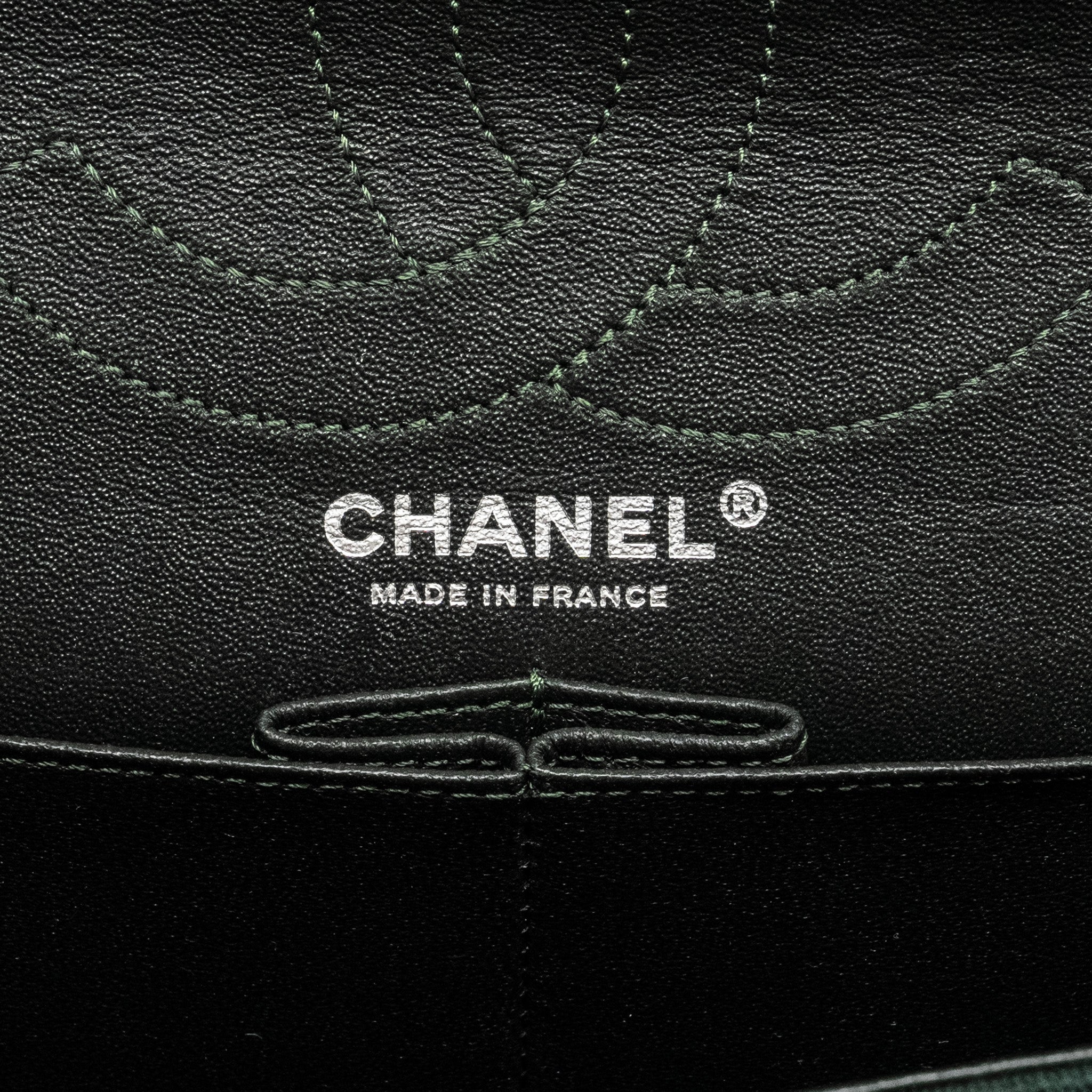 CHANEL REISSUE 2.55 226 DOUBLE FLAP BAG FABRIC DARK GREEN RUTHENIUM HARDWARE