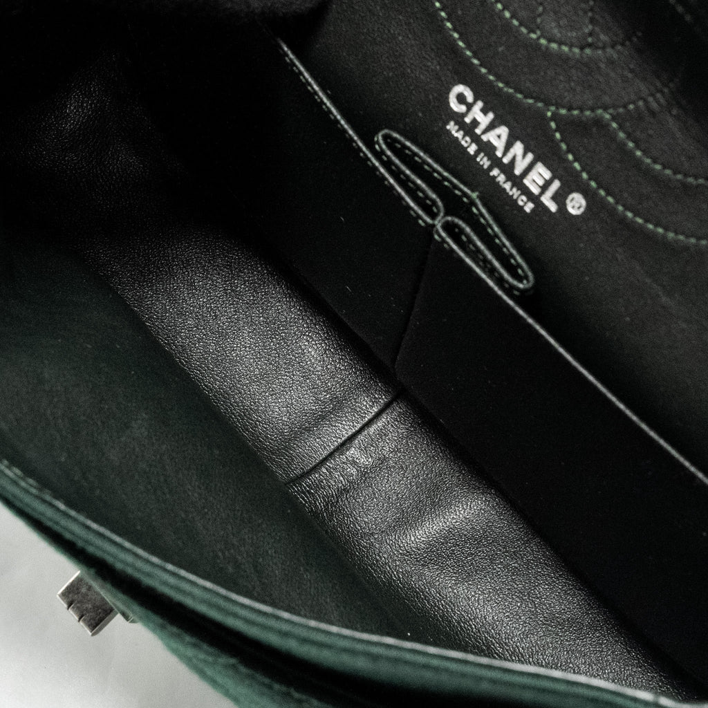 CHANEL REISSUE 2.55 226 DOUBLE FLAP BAG FABRIC DARK GREEN RUTHENIUM HARDWARE
