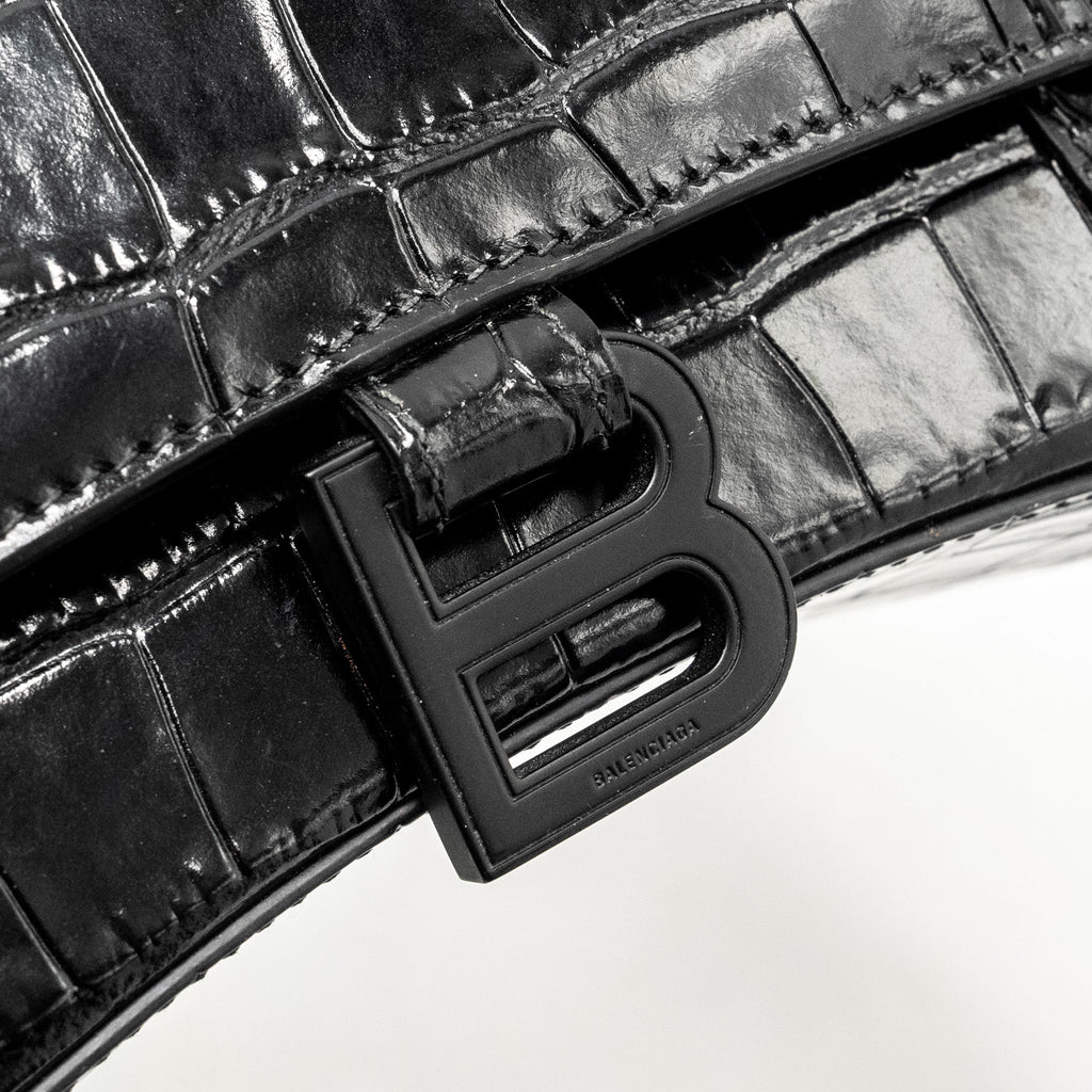 BALENCIAGA HOURGLASS S CROC-EMBOSSED CALFSKIN SO BLACK