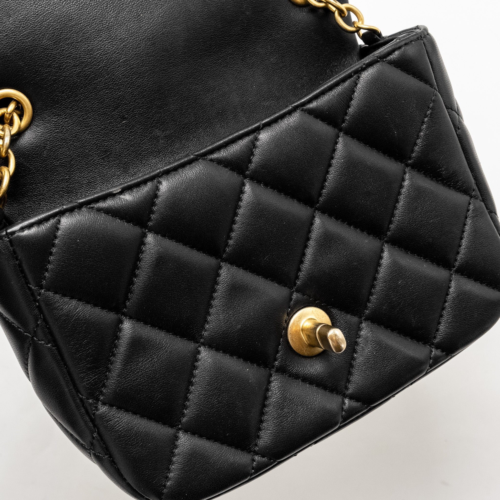CHANEL QUILTED FLAP BAG WITH HEART CHARM CHAIN LAMBSKIN BLACK GHW (MICROCHIP)