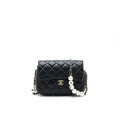 CHANEL PEARL CHAIN FLAP BAG QUILTED GRAINED LAMBSKIN BLACK LGHW